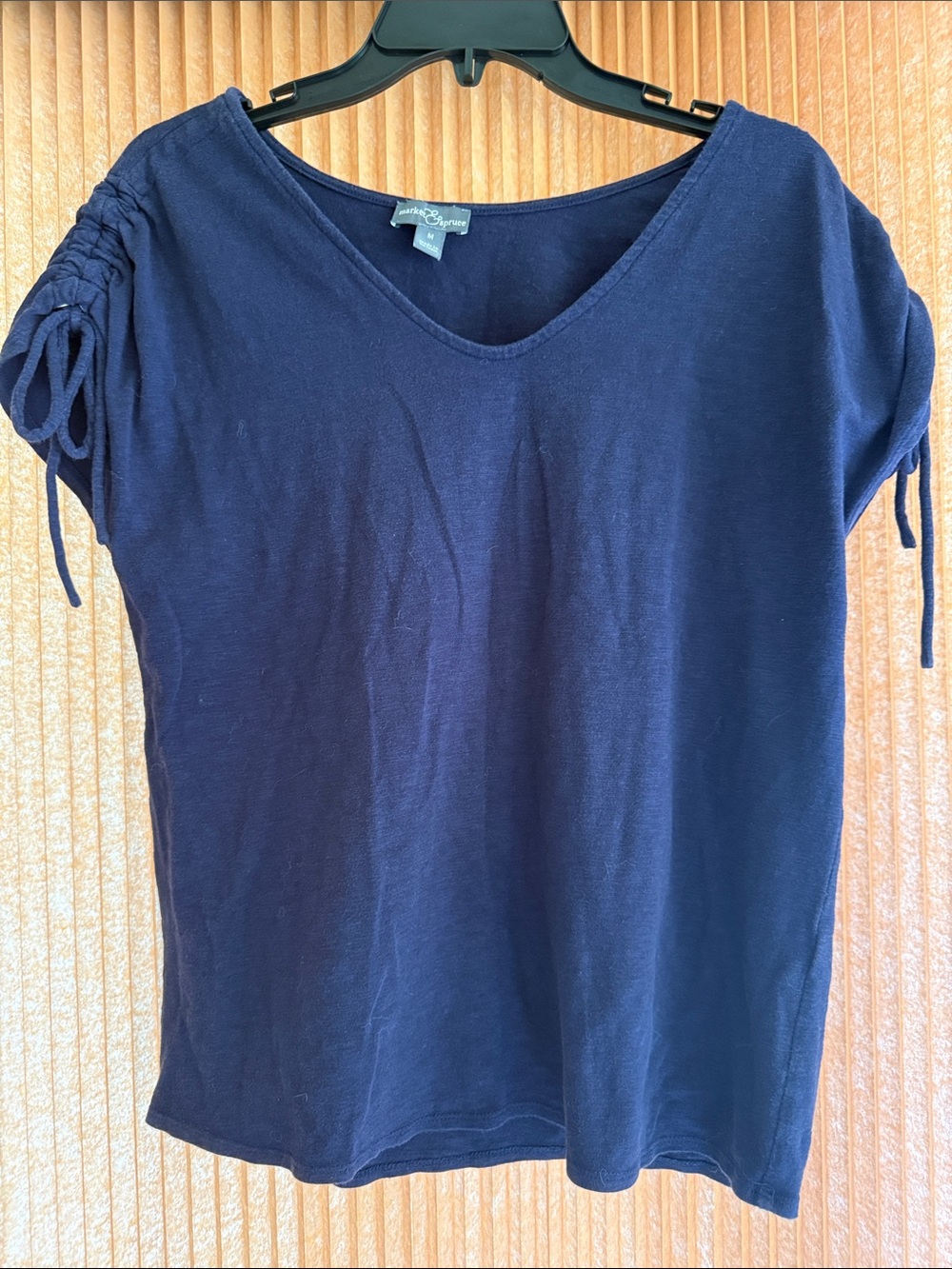 Market & Spruce Navy Short Sleeve V-Neck Top with Ruched Tie Sleeves size M